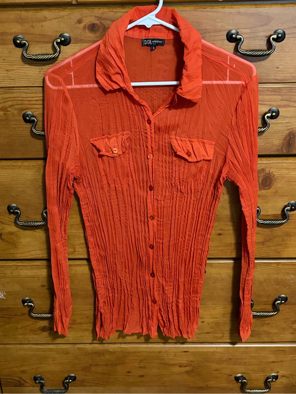 Crinkled Button-Down Shirt in Bright Orange by